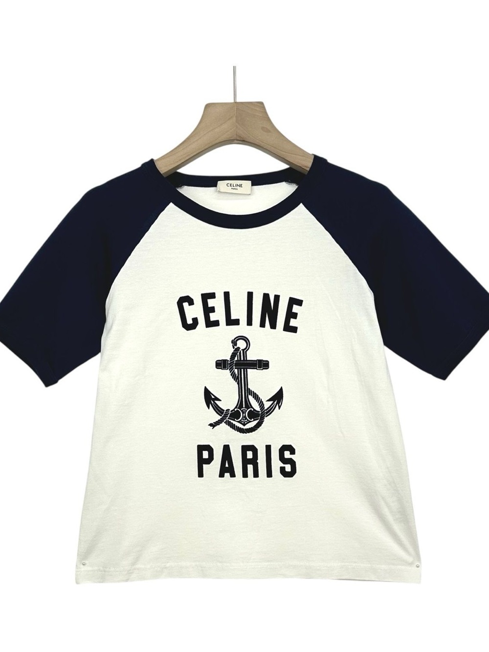 Celine White & Navy Anchor Graphic Raglan Tee